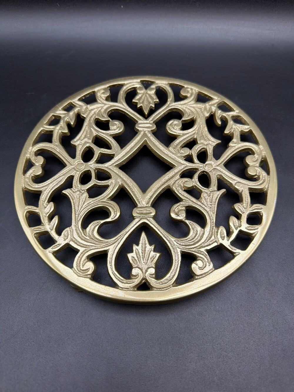 Vintage Brass Tone Trivet 8in Ornate Scrollwork Round Hot Plate Victorian Decor